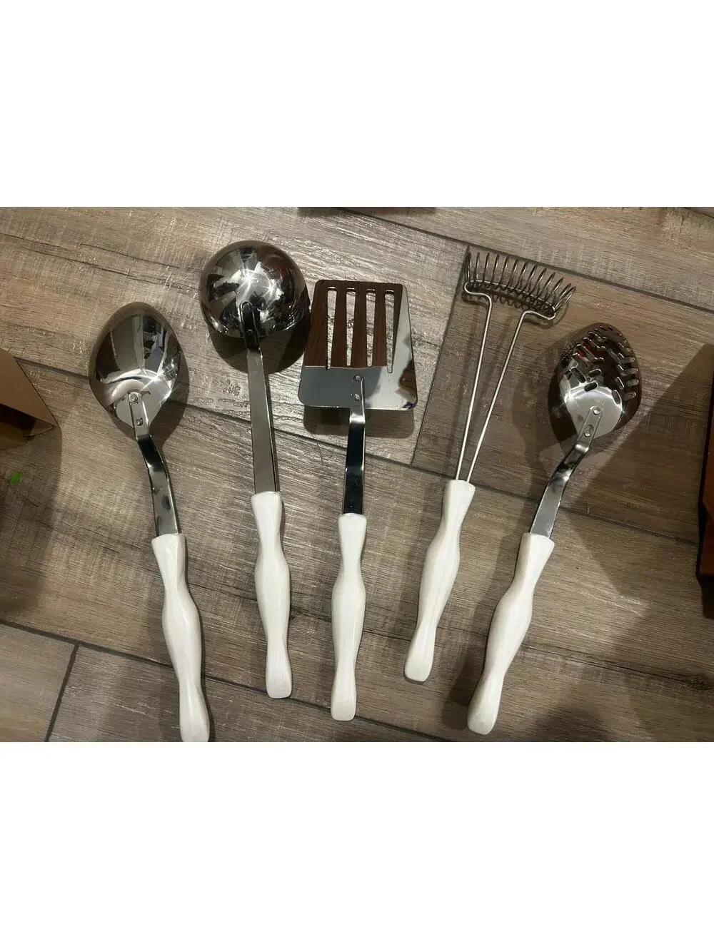 5 White Pearl Handle CUTCO Kitchen Utensils Spatula Ladle Spoons Whisk Lot